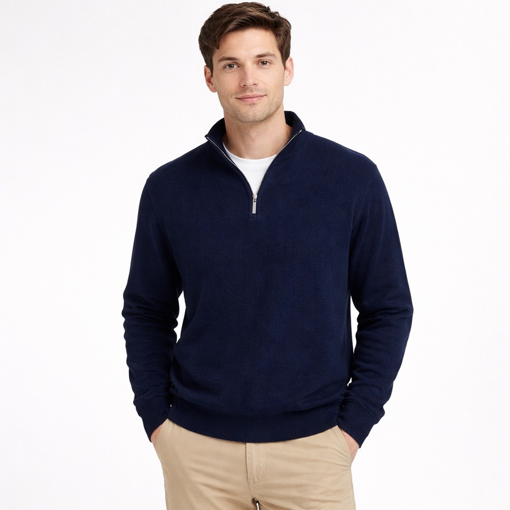 VTG LL Bean 1/4 Zip Cashmere Cotton Sweater Mens Size M Navy Blue Long Sleeve